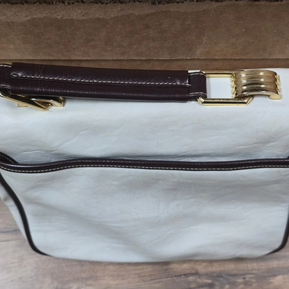 Capezio Vintage White Brown Two Tone Satchel Crossbody Bag Gold Hardware